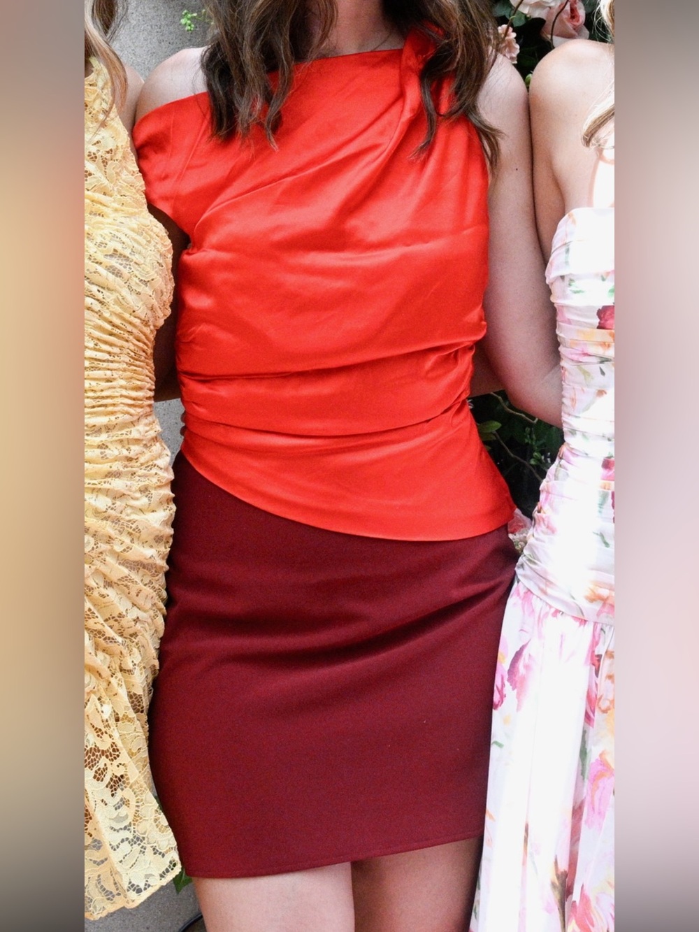 Lovers + Friends Red Satin Mini Dress with Burgundy Skirt